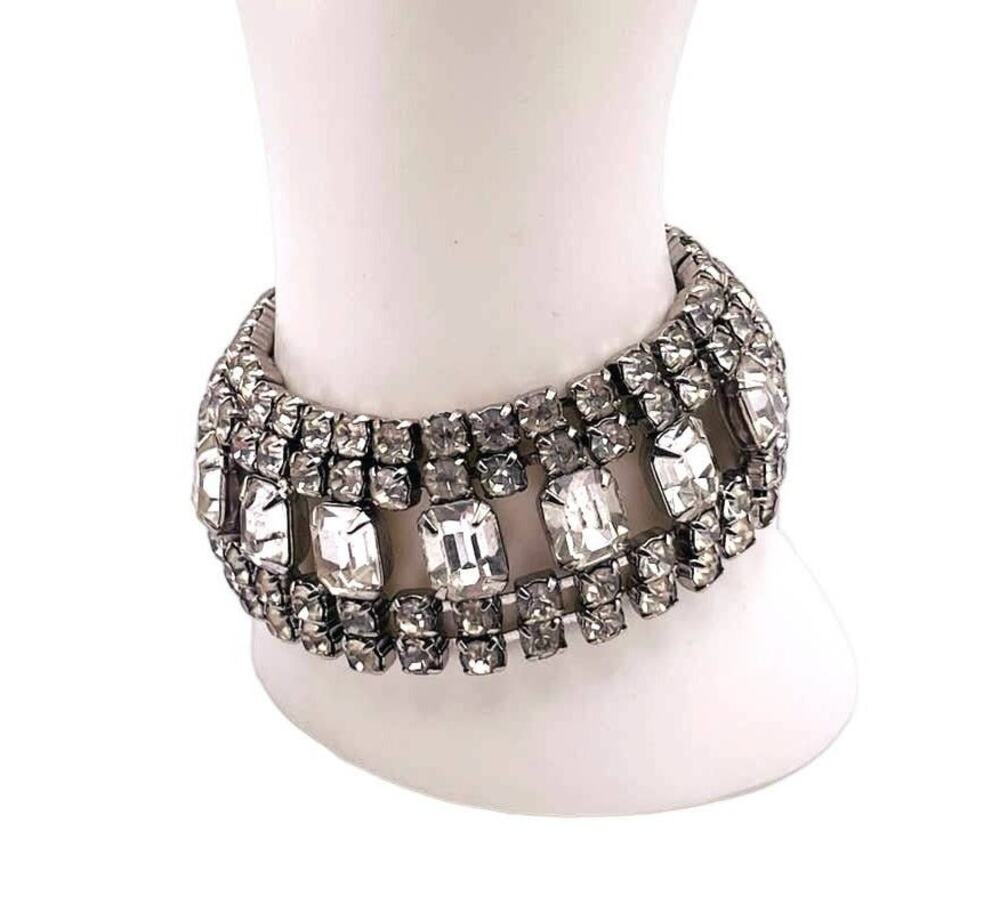 VTG Silver Tone Metal Rhinestone Bracelet 7" Length Art Deco Vibes Formal Party